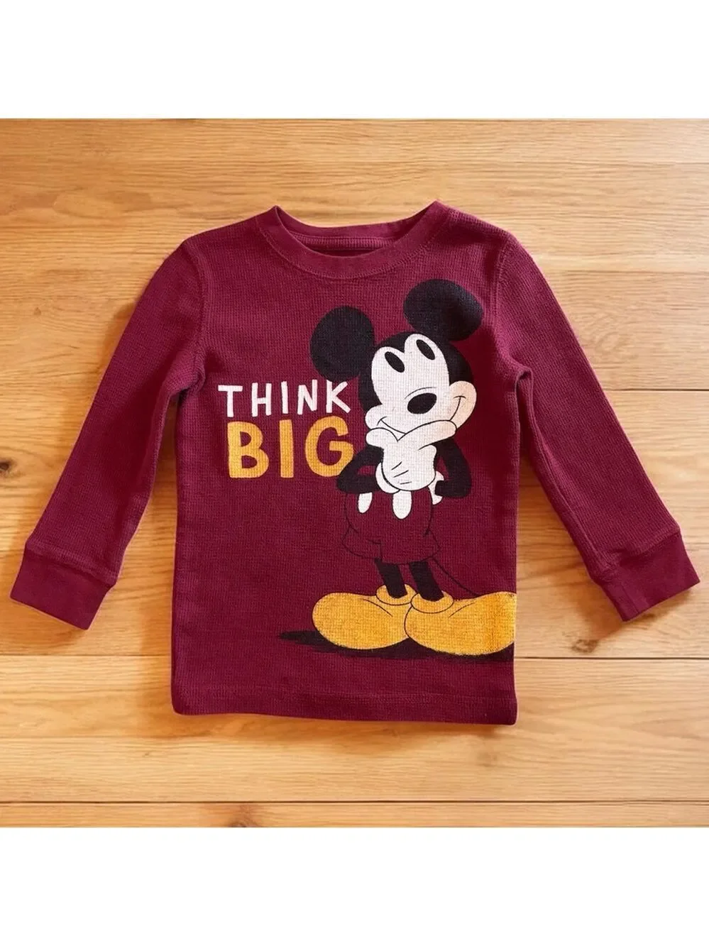 Disney Mickey Mouse Maroon Kids Long-Sleeve Thermal Knit Material Shirt Size 2T